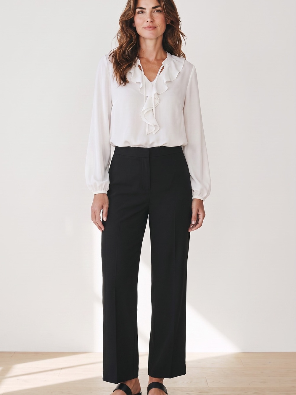 Nine West White Ruffled V-Neck Blouse